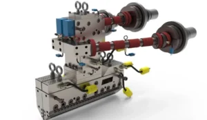 A complex mechanical device with metallic components, red cylindrical rods, blue rectangular parts, and yellow wires, against a white background.