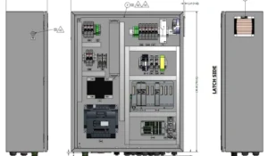 A technical diagram of an electrical control panel, showing various components, wiring, and measurements for installation and design purposes.