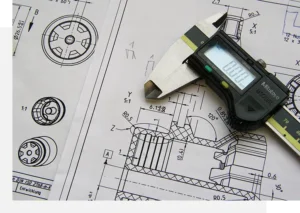 A digital caliper is placed on an engineering blueprint with technical drawings of mechanical components.