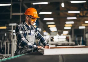 A man wearing a hard hat, safety glasses, and a plaid shirt works on a conveyor belt in an industrial setting.