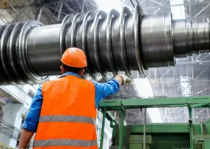 A worker in an orange vest and hard hat points towards a large industrial machine in a factory setting.