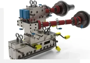 A complex mechanical device with multiple interconnected metal components, red rotating shafts, and yellow electrical connectors.