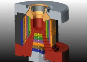 Cross-sectional diagram of a mechanical component, showing various internal colored layers, detailing the structure and passages inside.