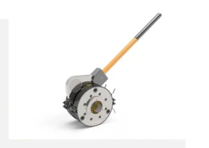 A metal mechanical device with a cylindrical base, multiple holes, and a long orange and silver lever extending from its top.