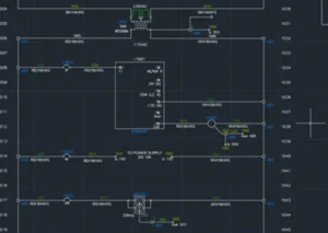 A detailed electrical schematic diagram showing circuit connections and components, including labels and measurements.