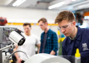 A man in safety goggles operates machinery in a workshop while two other people observe in the background.