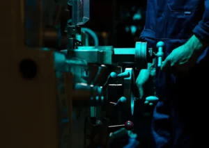 A person operating a machine with various levers and dials in a dimly lit industrial setting.