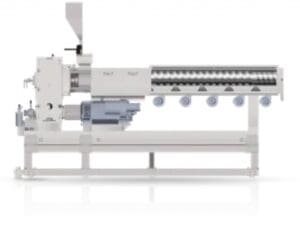 Image of an industrial screw extruder with a hopper at the top, a motor on the side, and multiple screws visible along its length.