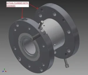 A computer-generated image of a mechanical flange assembly with bolts, showcasing an engineering component. Red text and arrows highlight specific changes to the flanges.