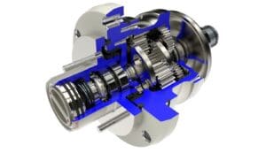 Cutaway view of a complex mechanical component, displaying internal gears and mechanisms, partially highlighted in blue for emphasis. Components include shafts, bearings, and various interlocking gears.