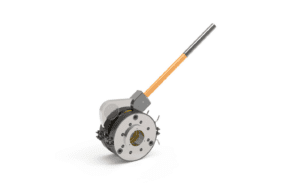 A mechanical device with a round metallic component connected to a handle, possibly for use in machinery or industrial applications.