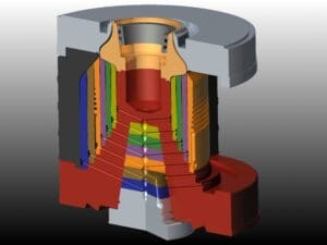 A cutaway diagram of a mechanical component showing various internal layers and parts with different colors to indicate distinct sections.