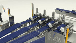 A 3 d rendering of the conveyor belt system.